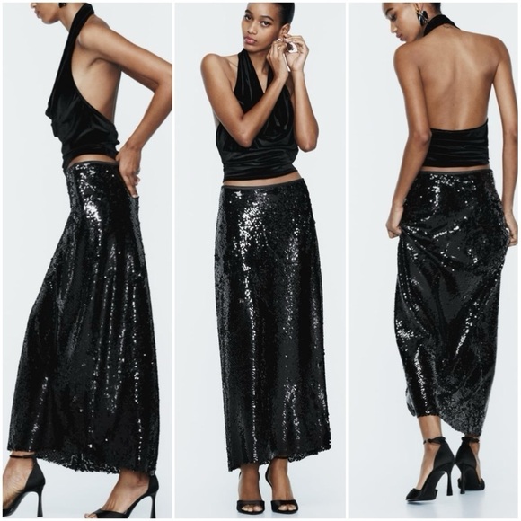 ZARA SEQUIN MIDI SKIRT BLACK